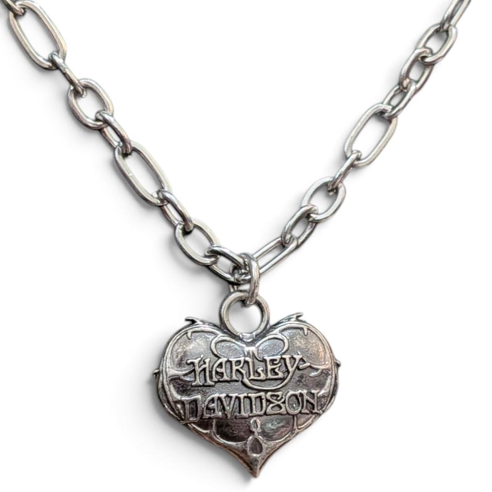 HARLEY DAVIDSON Heart Pendant Necklace on Stainless Steel Paperclip Chain 20" - Picture 2 of 6